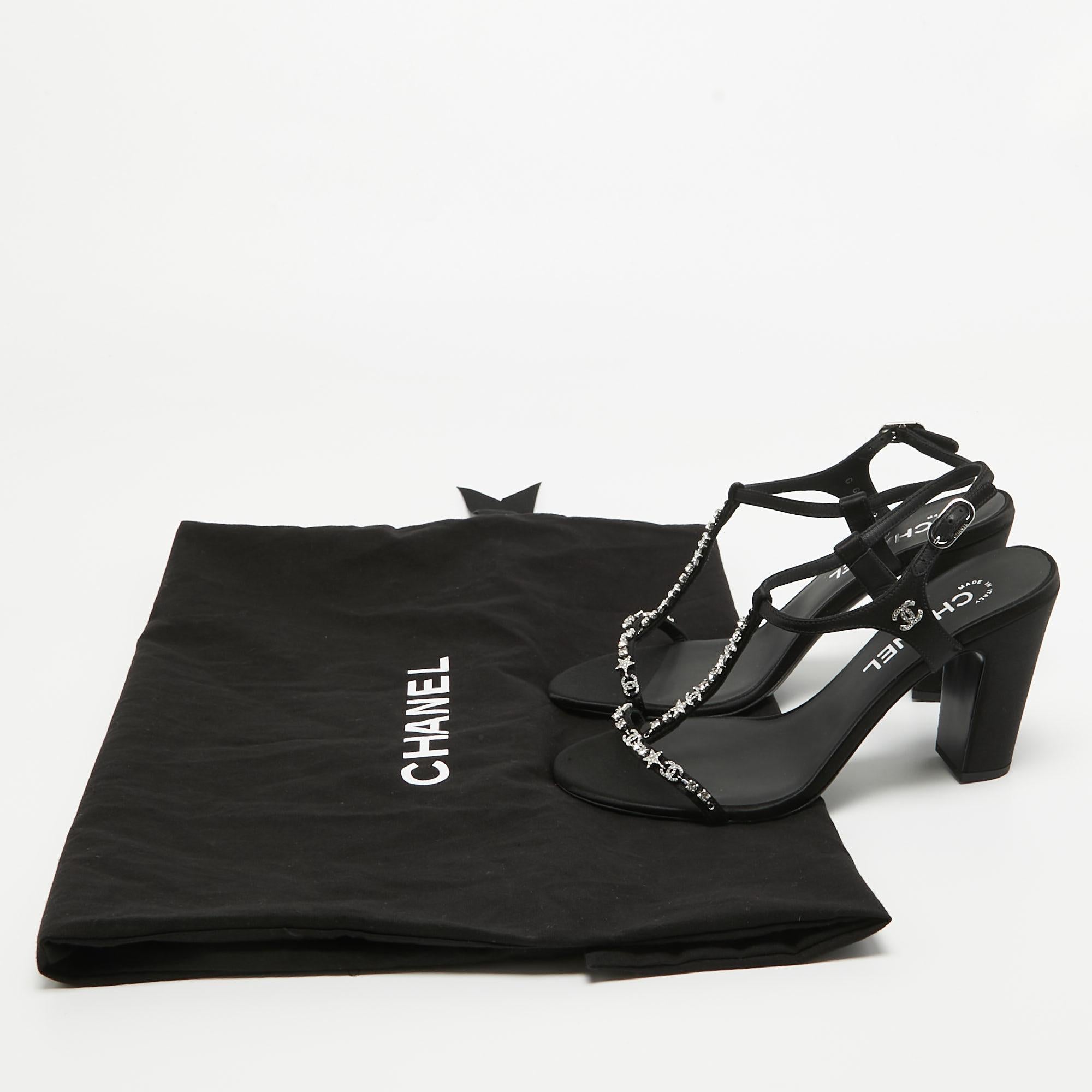 Chanel Black Satin Crystal Embellished CC Logo Sandals Size 37 5