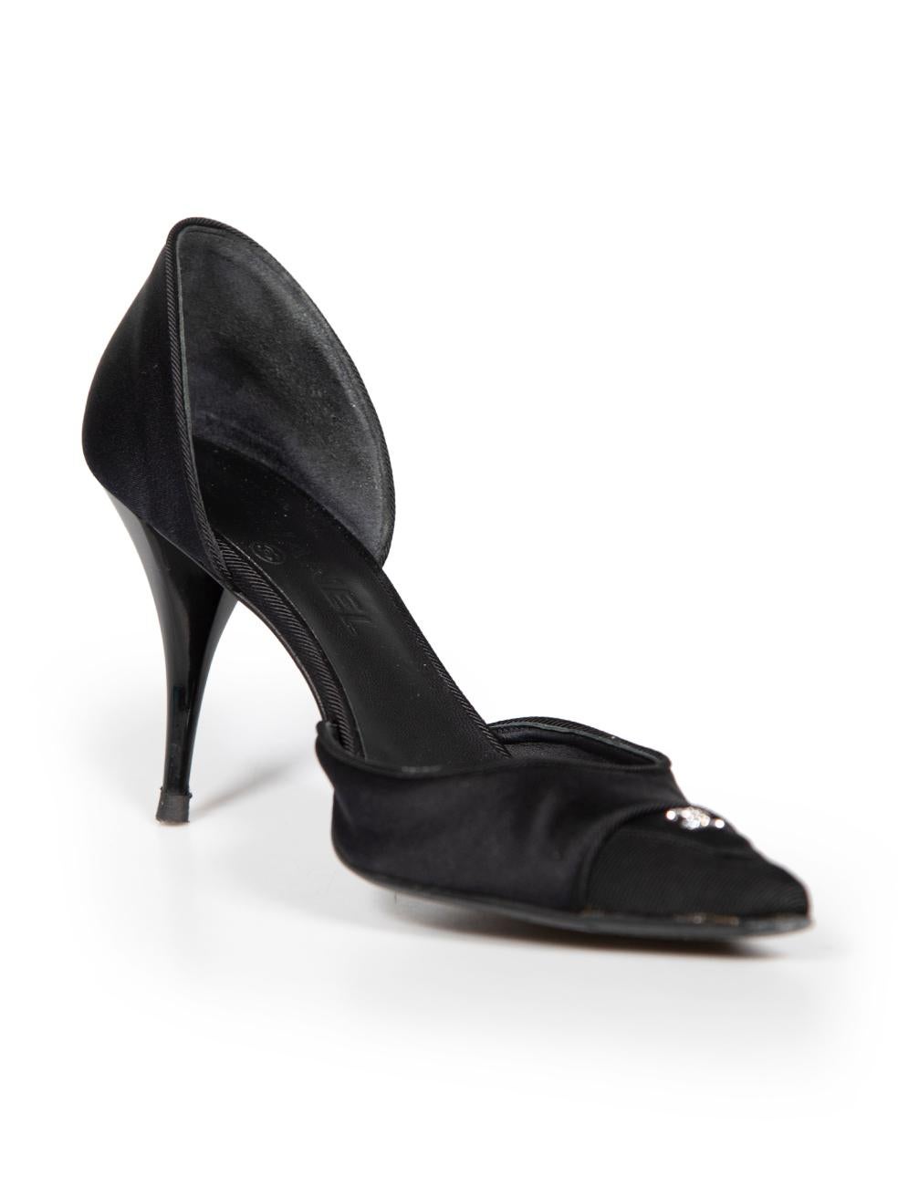 CONDITION is Very good. Minimal wear to shoes is evident. Minimal wear to both heels with abrasions and the satin of both shoes also have general creasing on this used Chanel designer resale item.
 
 
 
 Details
 
 
 Black
 
 Satin
 
 Heels
 
 Point