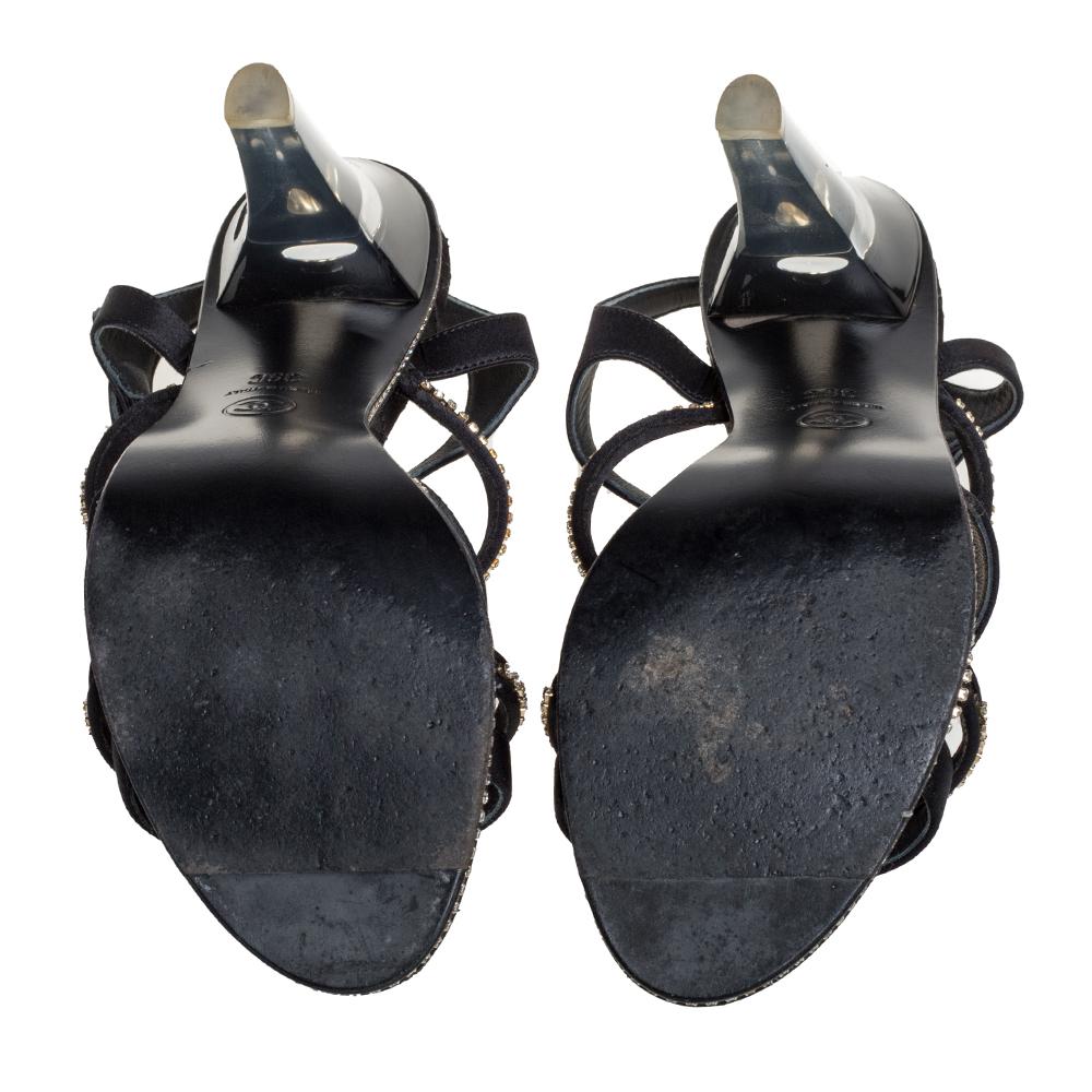 Chanel Black Satin Crystal Embellished Lucite Heel CC Strappy Sandals Size 39 1