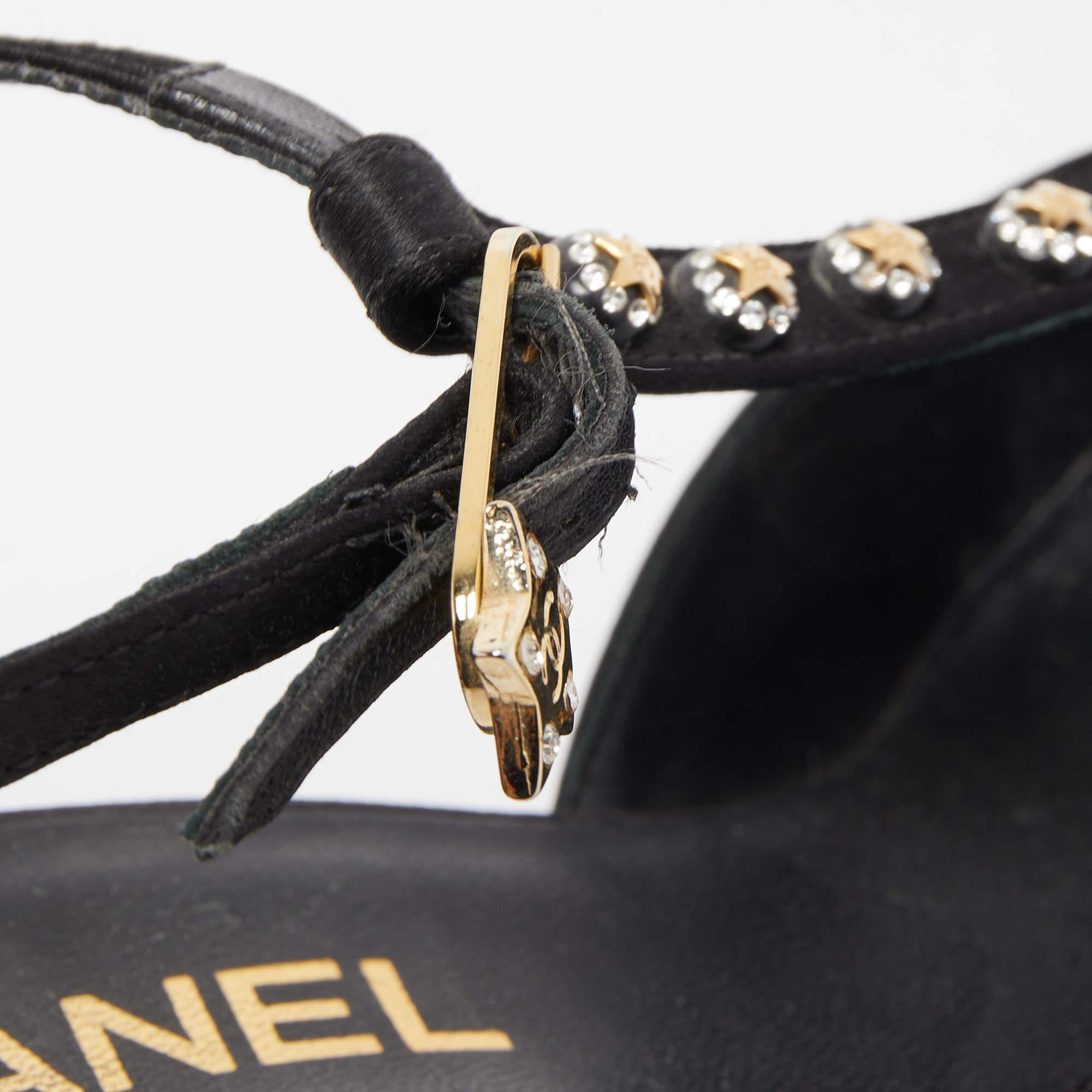 Chanel Black Satin Crystal Embellished T-Strap Platform Pumps Size 35.5 For Sale 4
