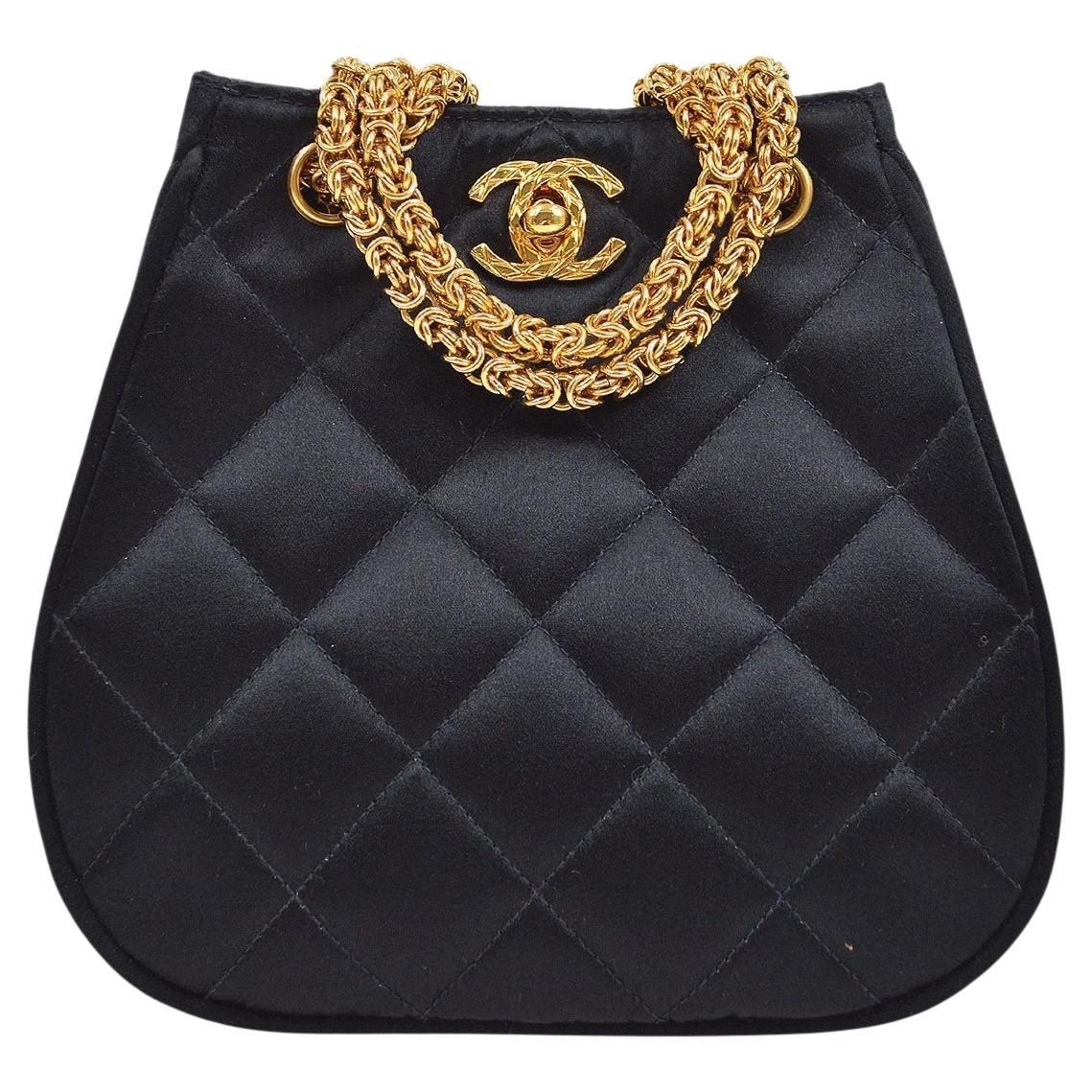 CHANEL Black Satin Gold Hardware Chain Small Mini Evening Shoulder Flap Bag