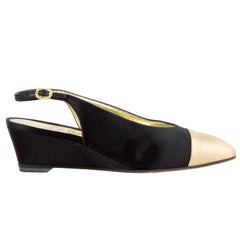CHANEL black SATIN & Gold leather Wedge Slingback Pumps Shoes 37