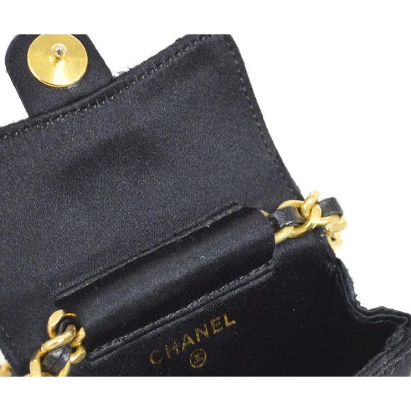 CHANEL Black Satin Gold Micro Mini Party Evening Shoulder Pochette Flap Bag In Good Condition For Sale In Chicago, IL