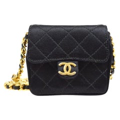 CHANEL Black Satin Gold Micro Mini Party Evening Shoulder Pochette Flap Bag