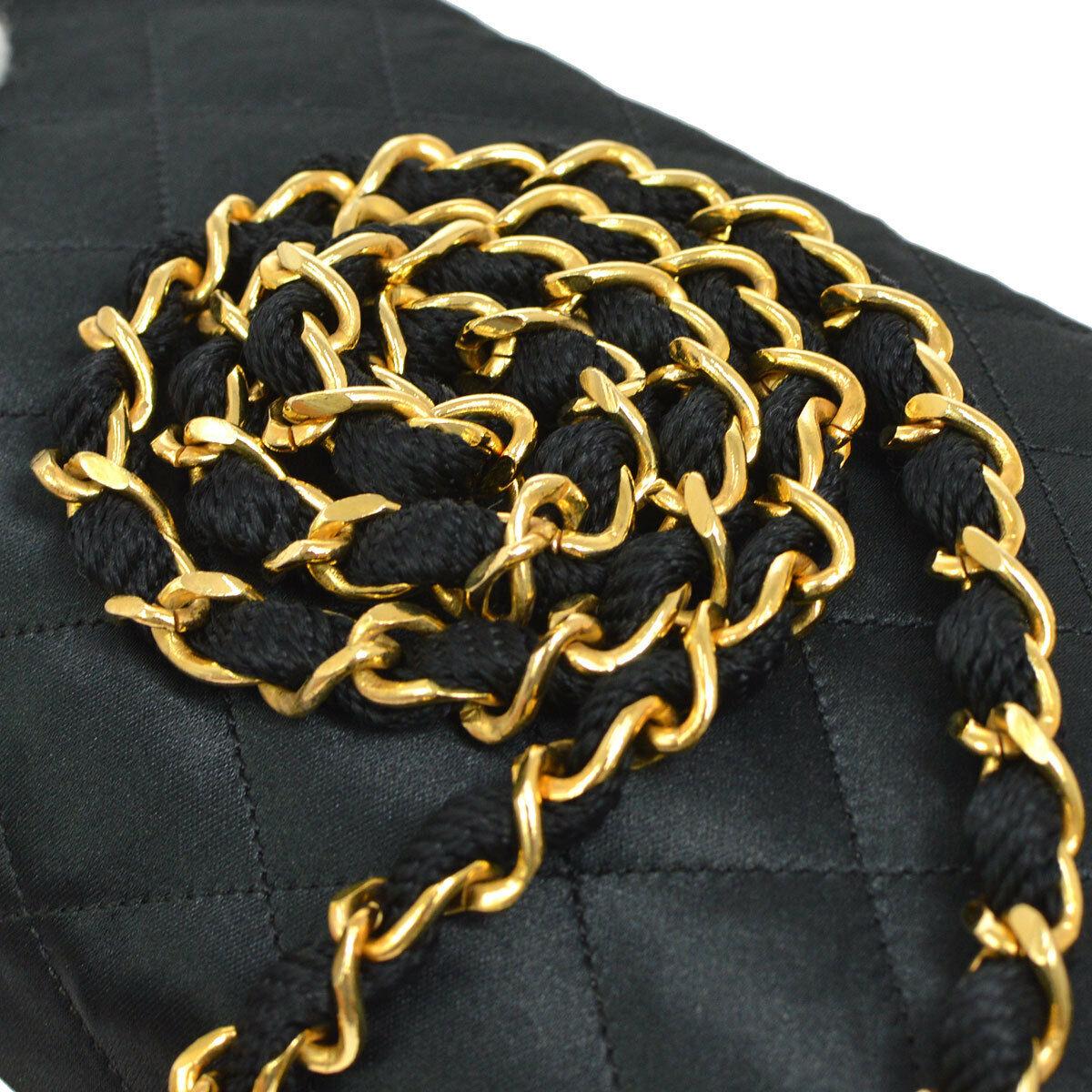Chanel Black Satin Gold Rhinestone Evening Party Clutch Shoulder Flap Bag in Box In Good Condition In Chicago, IL