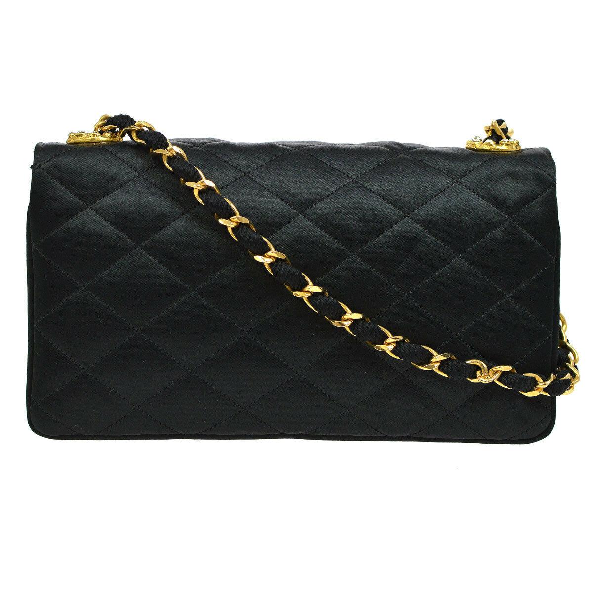 Women's Chanel Black Satin Gold Rhinestone Evening Party Clutch Shoulder Flap Bag in Box