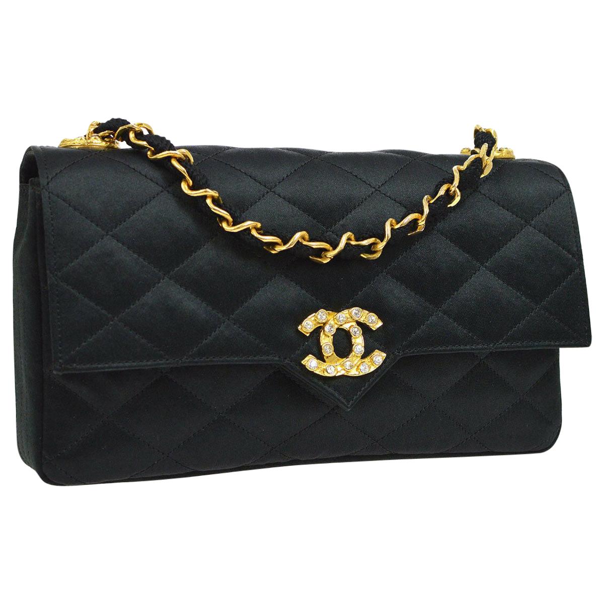Chanel Black Satin Gold Rhinestone Evening Party Clutch Shoulder Flap Bag in Box