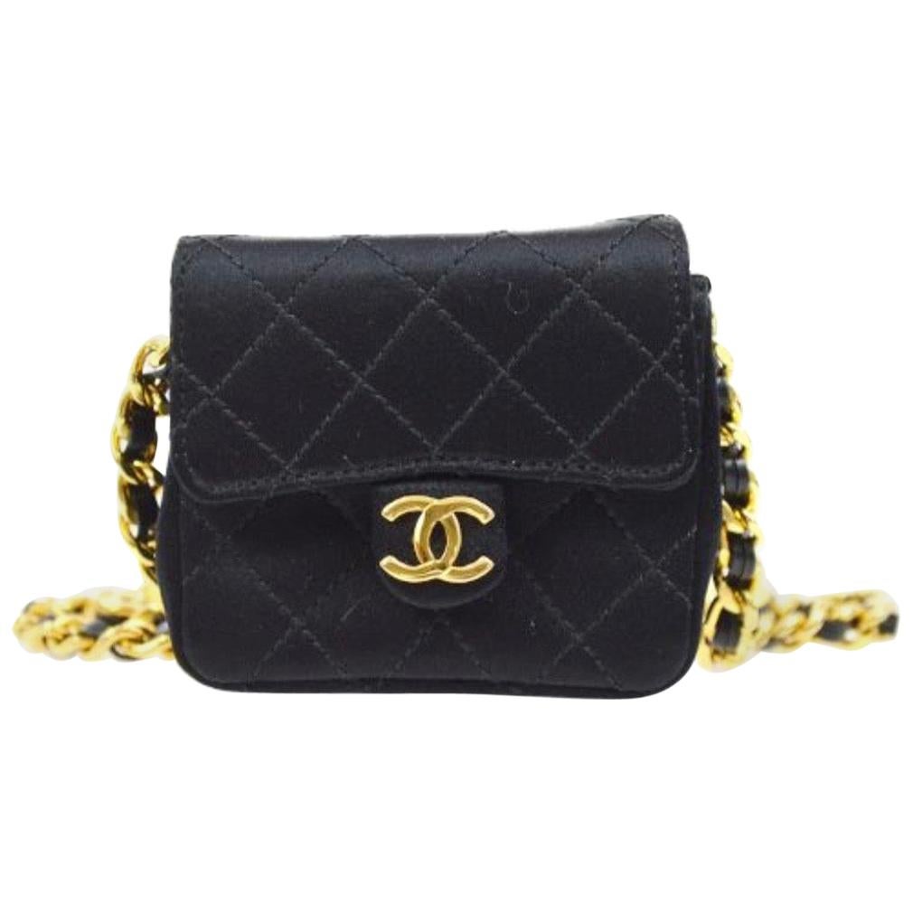Chanel Black Satin Gold Small Micro Mini Party Crossbody Shoulder Flap Bag
