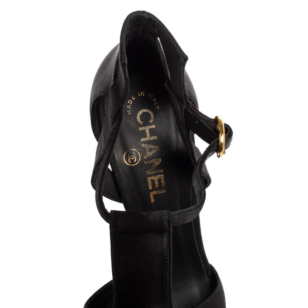 Chanel Black Satin Jade Platform Sandals Size 38 1