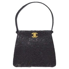 Vintage Chanel Black Satin Lace Gold Small Mini Top Handle Satchel Kelly Style Bag