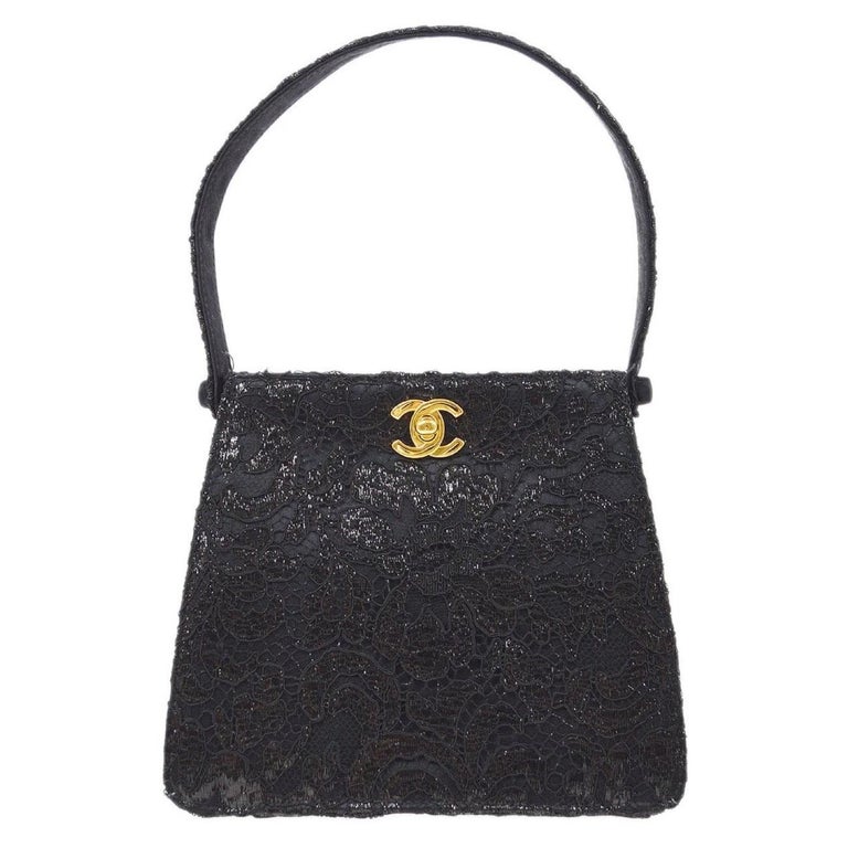 Chanel Black Satin Lace Gold Small Mini Top Handle Satchel Kelly Style Bag  W/Box For Sale at 1stDibs