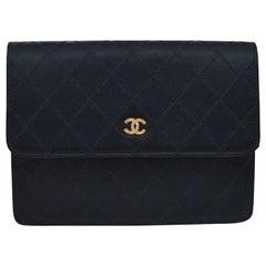Vintage Chanel Black Satin Leather Gold Small Evening Flap Clutch Wallet Bag in Box