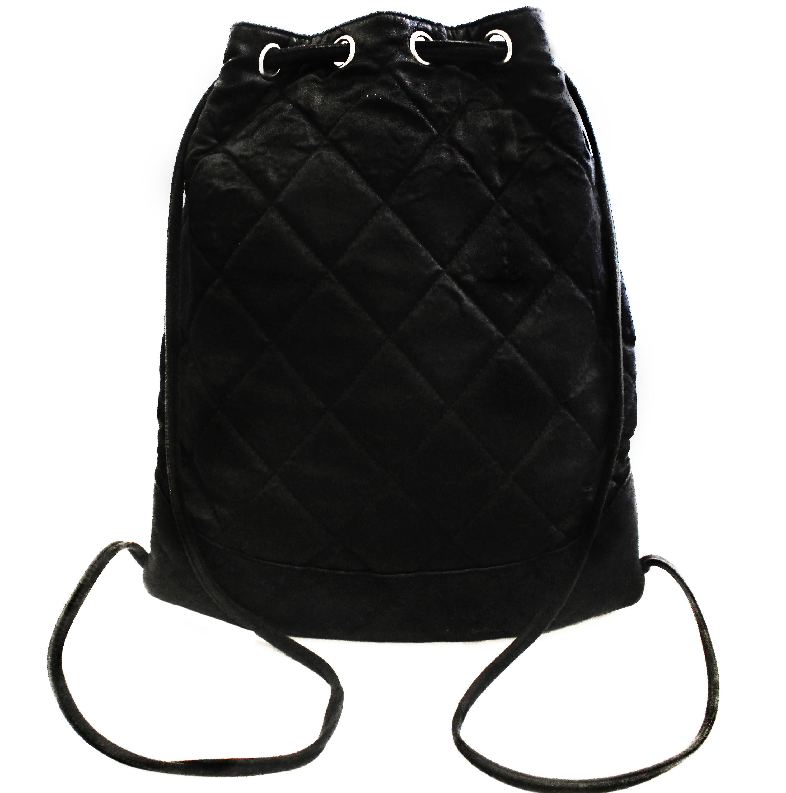 Chanel Black Satin Mini Drawstring Back Pack Bag In Good Condition In Palm Beach, FL