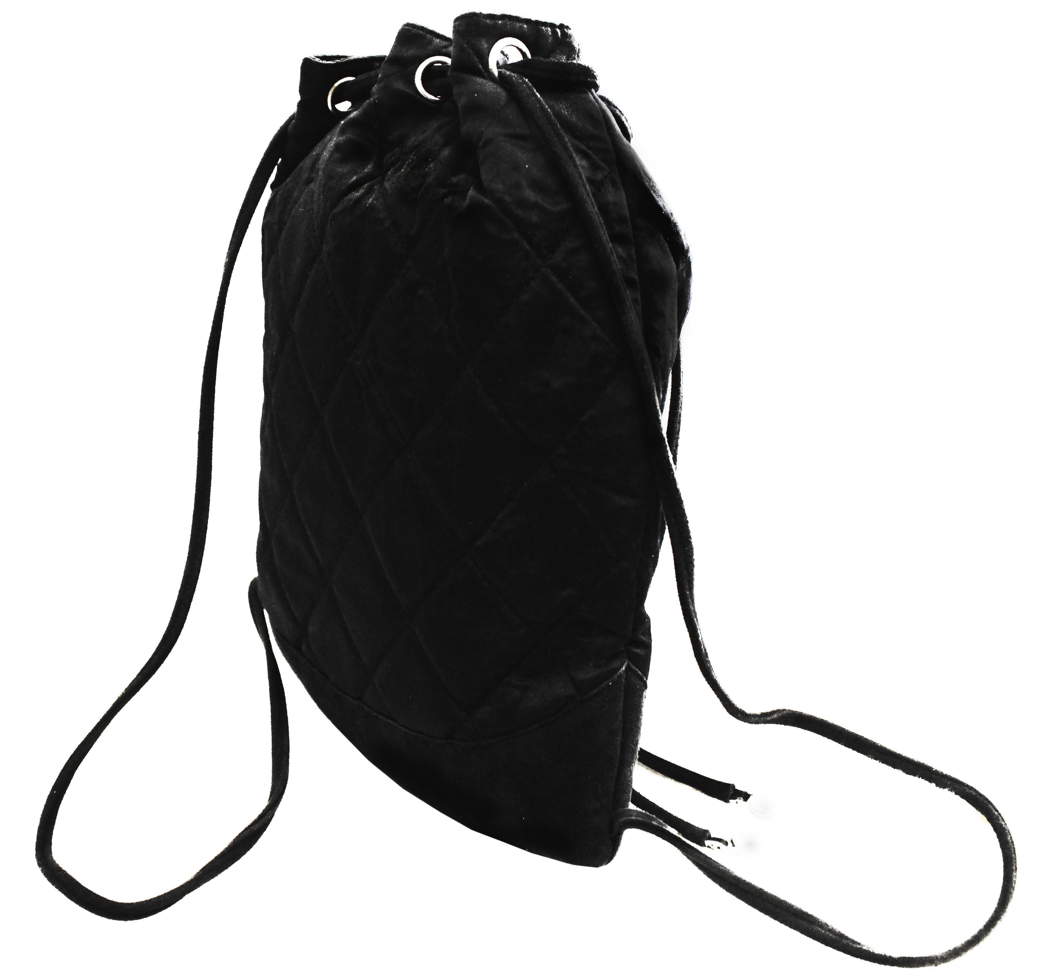 Women's Chanel Black Satin Mini Drawstring Back Pack Bag