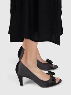 Chanel Black Satin Pearl Detail Heels Size IT 37.5