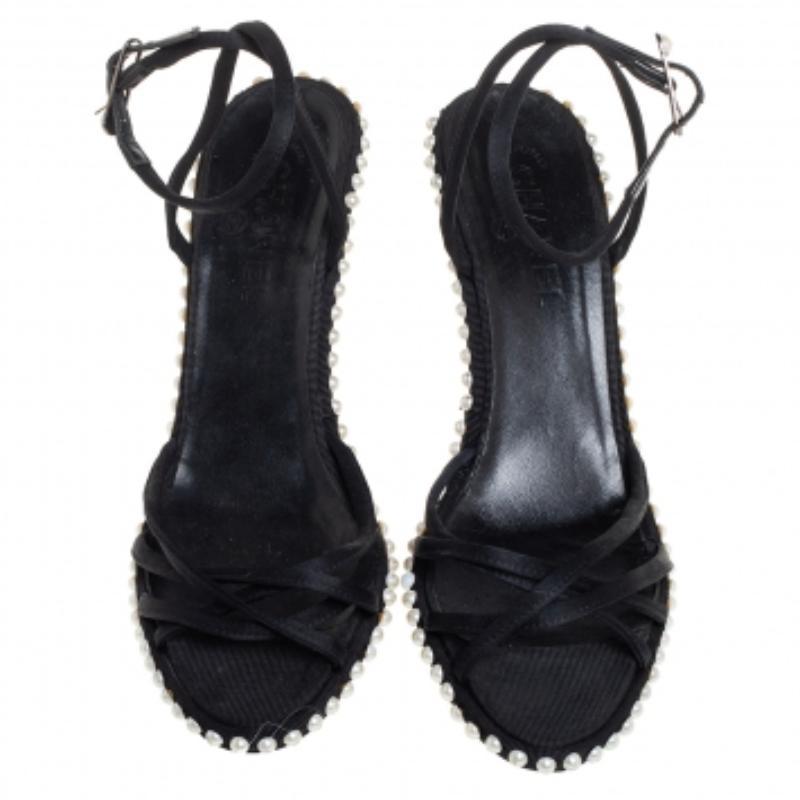 Chanel Black Satin Pearl Embellished Ankle Wrap Sandals Size 39.5 In Fair Condition For Sale In Dubai, Al Qouz 2