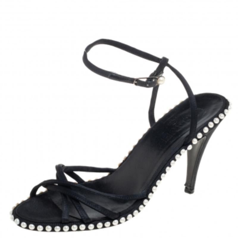 Women's Chanel Black Satin Pearl Embellished Ankle Wrap Sandals Size 39.5 For Sale