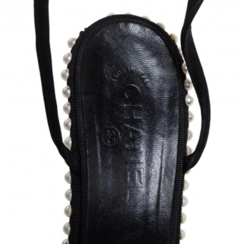 Chanel Black Satin Pearl Embellished Ankle Wrap Sandals Size 39.5 For Sale 1