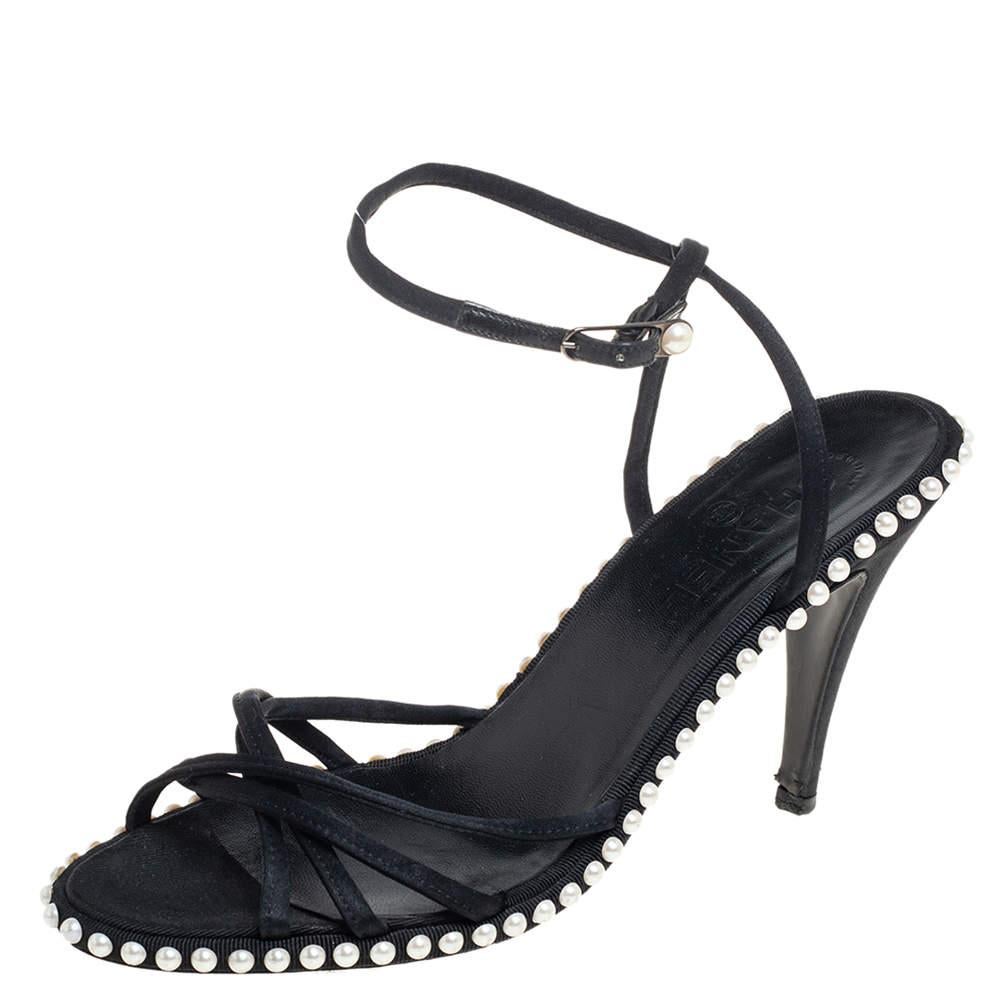 Chanel Black Satin Pearl Embellished Ankle Wrap Sandals Size 39.5 For Sale 1