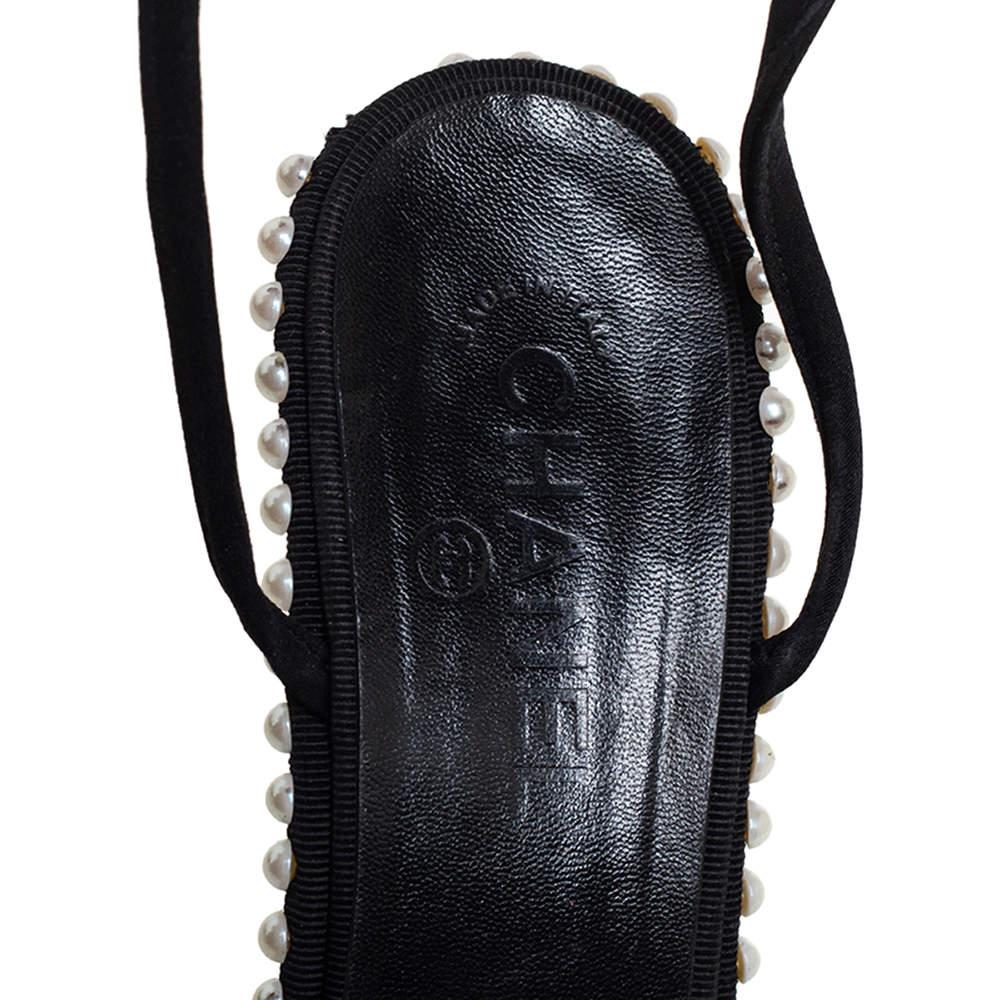 Chanel Black Satin Pearl Embellished Ankle Wrap Sandals Size 39.5 For Sale 2