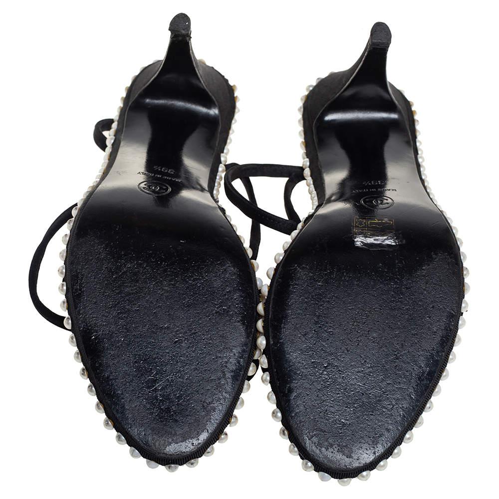 Chanel Black Satin Pearl Embellished Ankle Wrap Sandals Size 39.5 For Sale 3