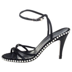 Chanel Black Satin Pearl Embellished Ankle Wrap Sandals Size 39.5 Chanel Black Satin Pearl Embellished Ankle Wrap Sandals Size 39.5