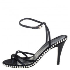 Chanel Black Satin Pearl Embellished Ankle Wrap Sandals Size 39.5