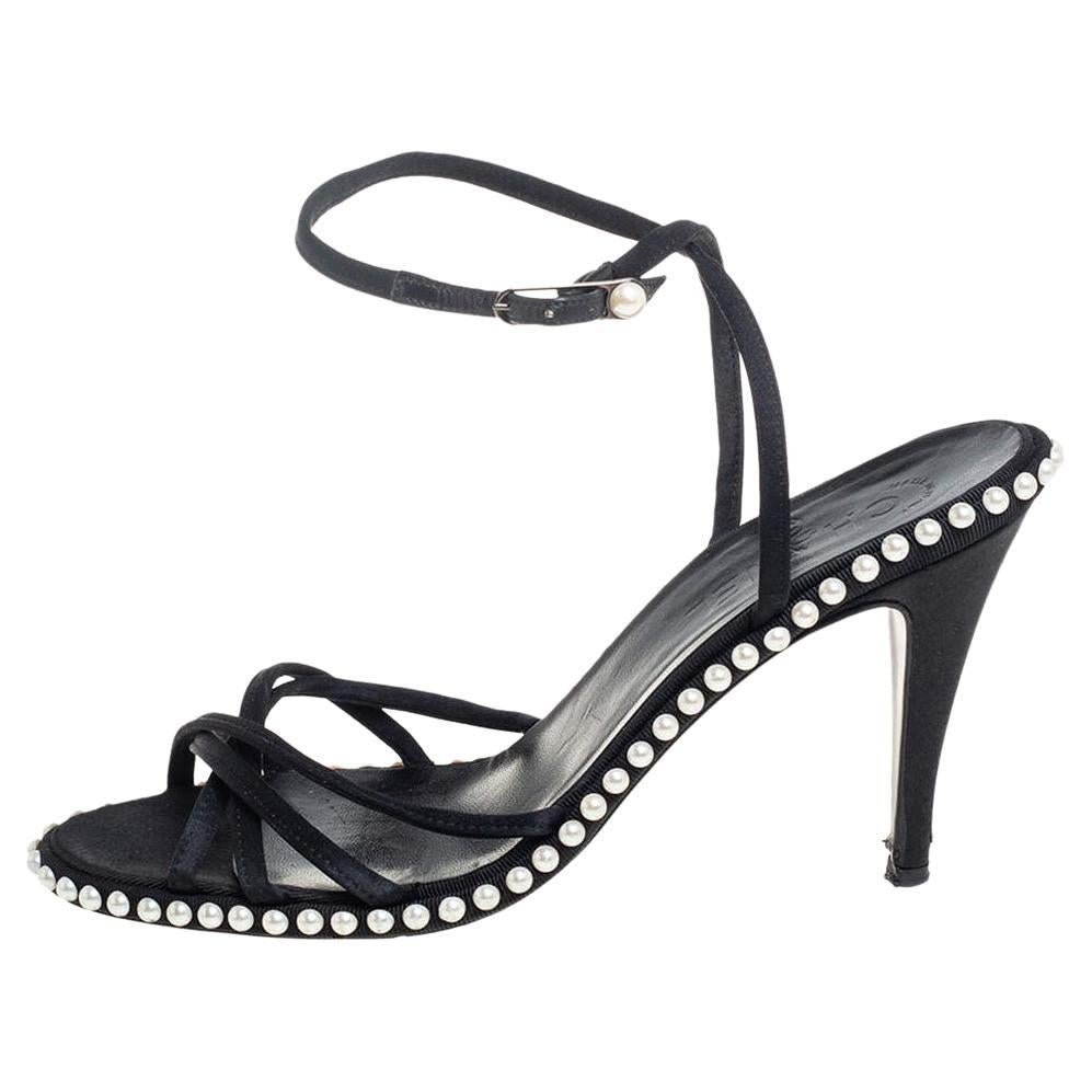 Chanel Black Satin Pearl Embellished Ankle Wrap Sandals Size 39.5 For Sale