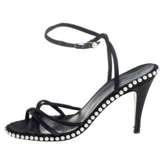 Chanel Black Satin Pearl Embellished Ankle Wrap Sandals Size 39.5