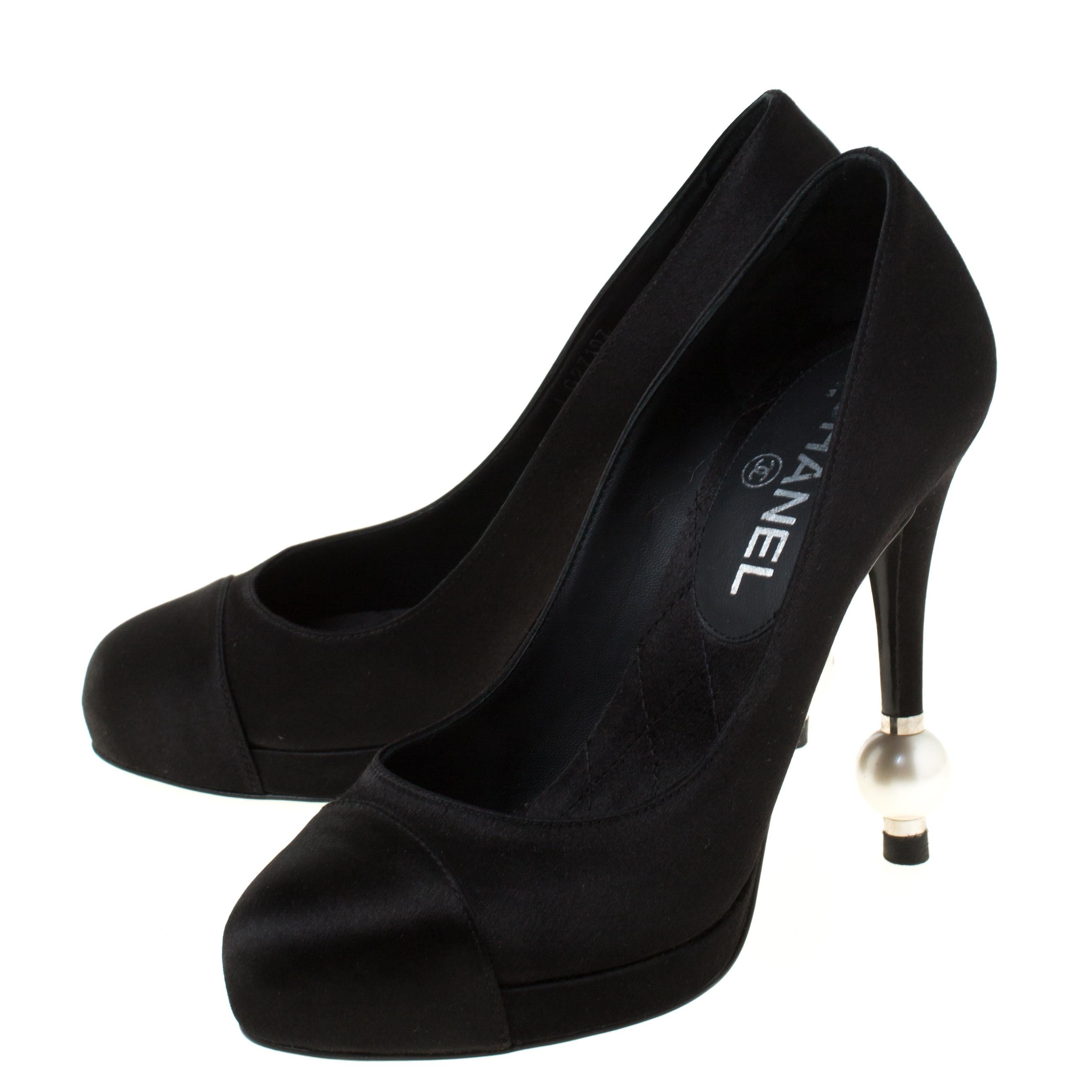 Women's Chanel Black Satin Pearl Heel Platform Pumps Size 37