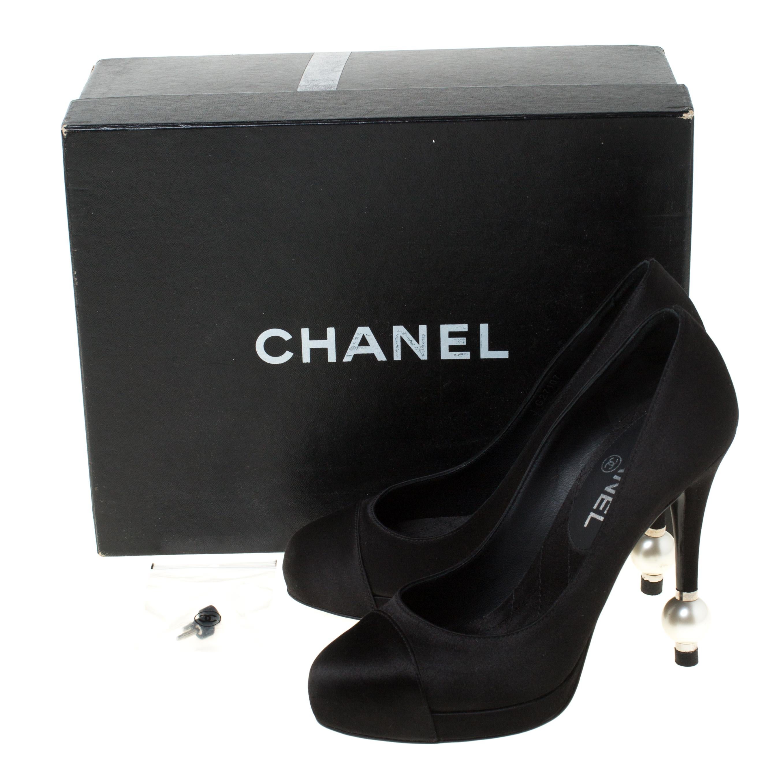 Chanel Black Satin Pearl Heel Platform Pumps Size 37 2