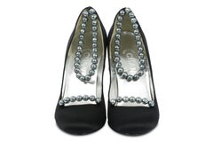 Chanel Black Satin Pumps w/Silver Pearl Design Motif