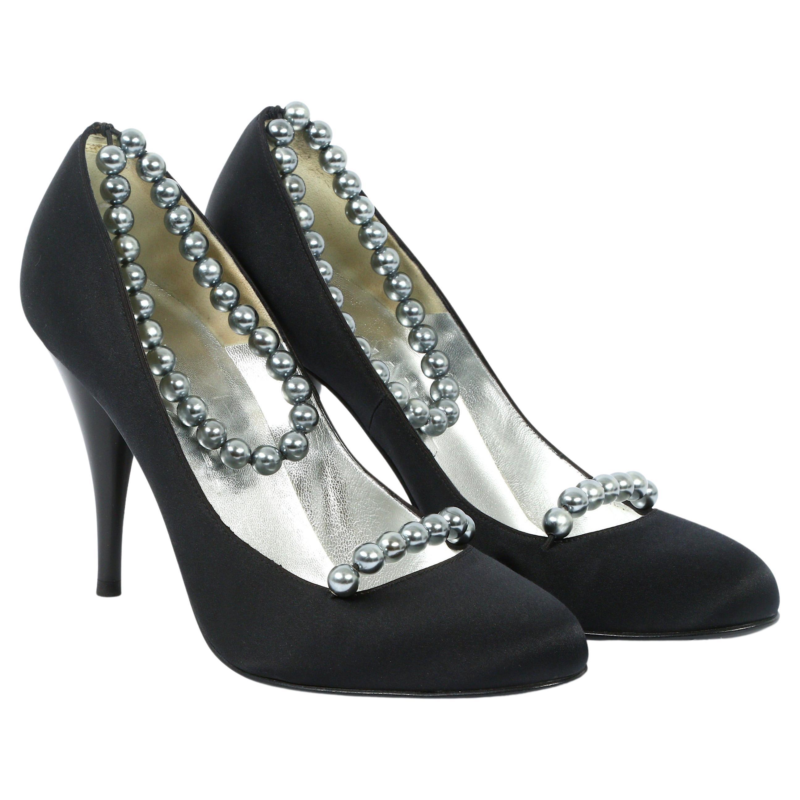 Chanel Black Satin Pumps w/Silver Pearl Design Motif For Sale