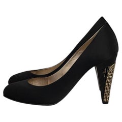 Chanel Black Satin Pumps with Dazzling Crystal Heels - Size 39 EU