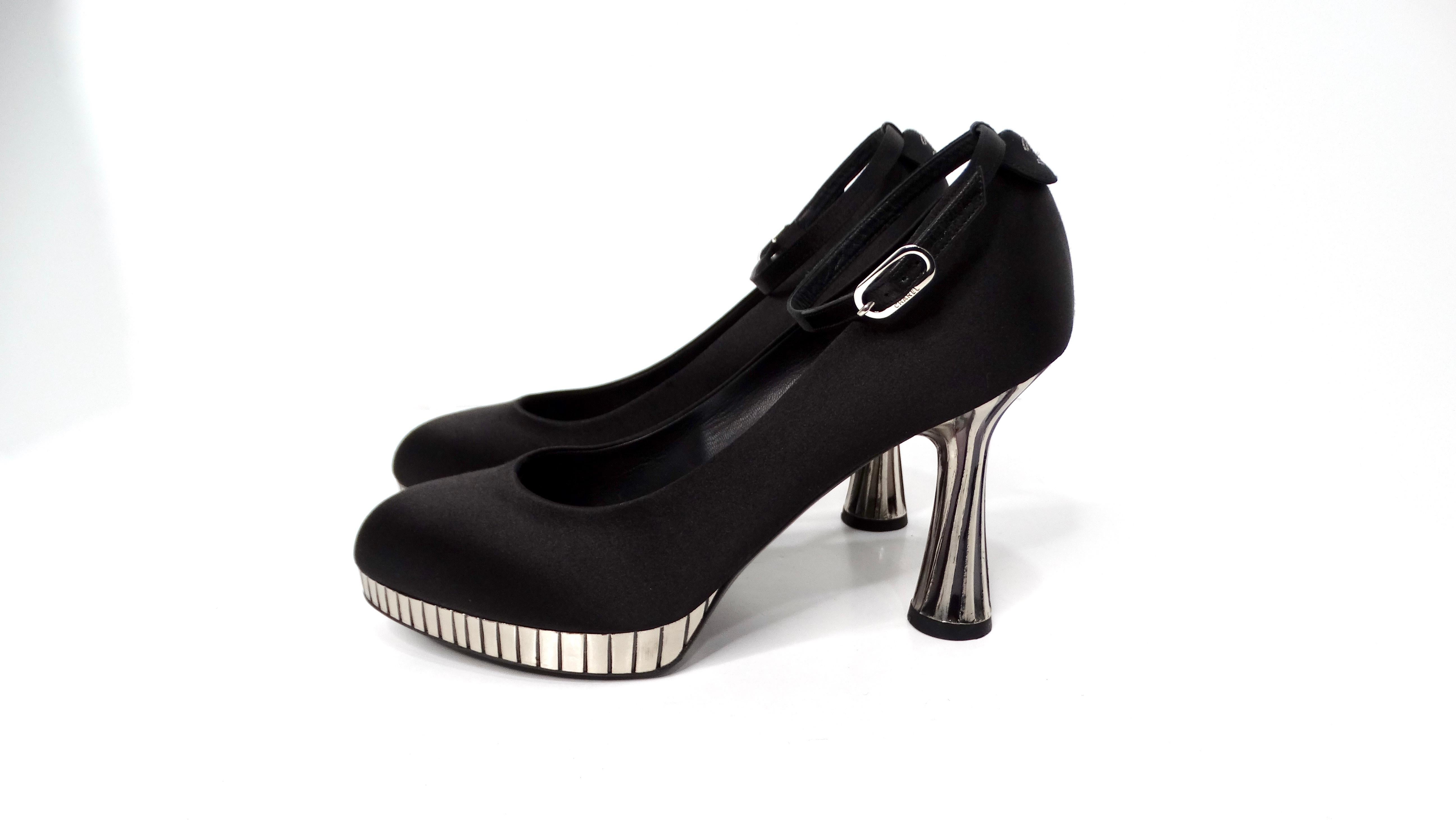 Chanel Black Satin Pumps With Silver-Tone Heels For Sale 1