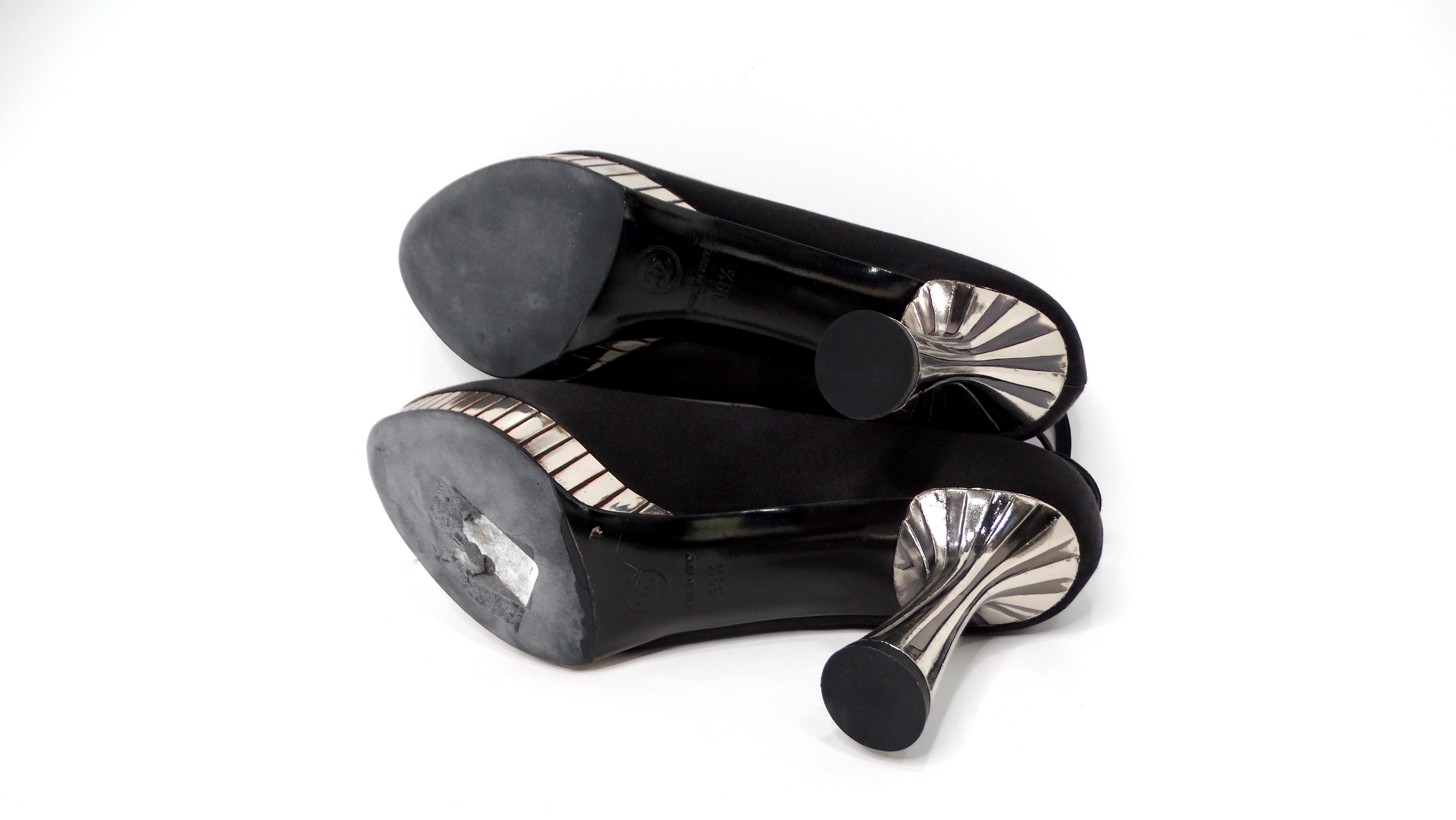 Chanel Black Satin Pumps With Silver-Tone Heels For Sale 2