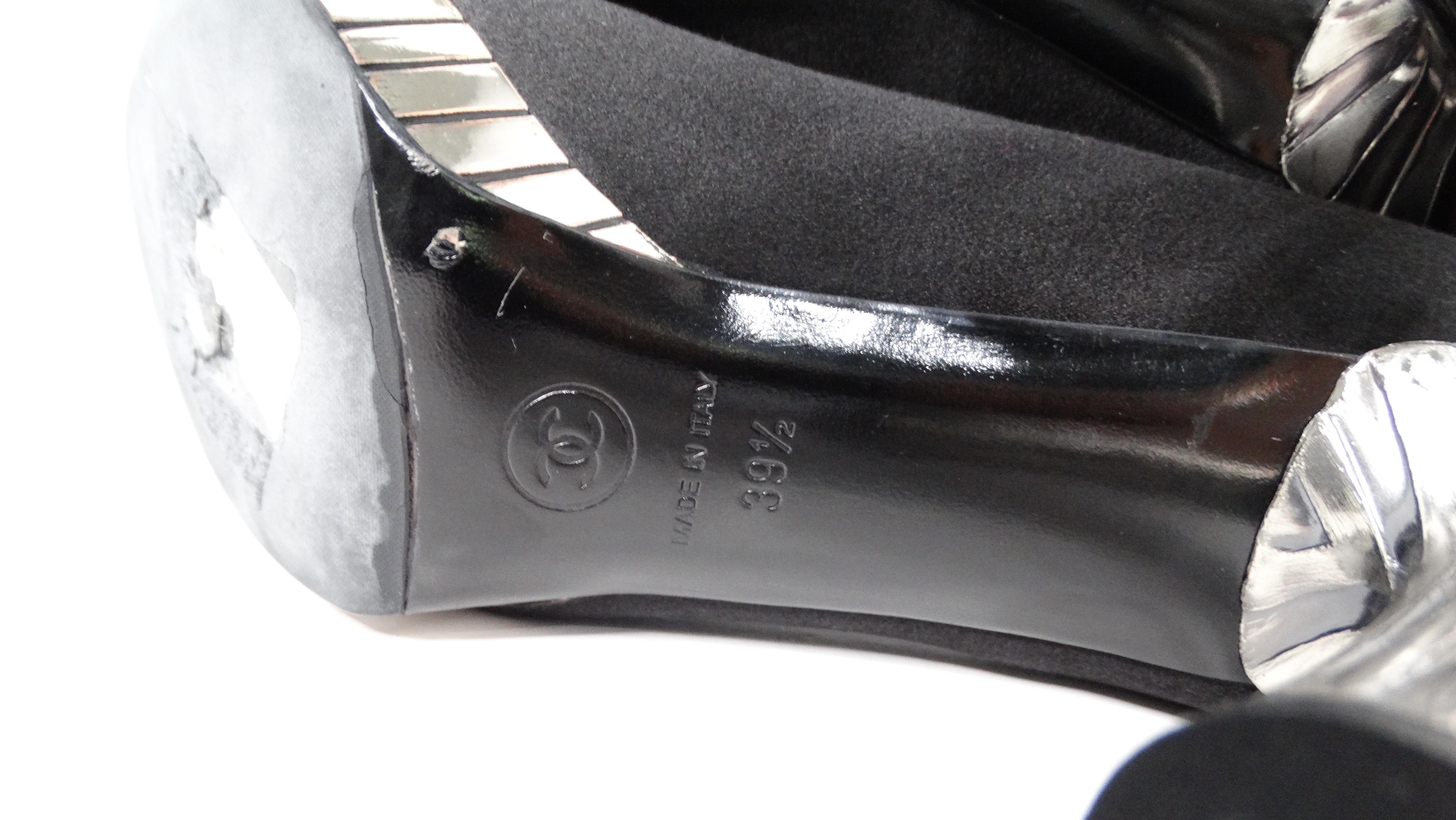 Chanel Black Satin Pumps With Silver-Tone Heels For Sale 3