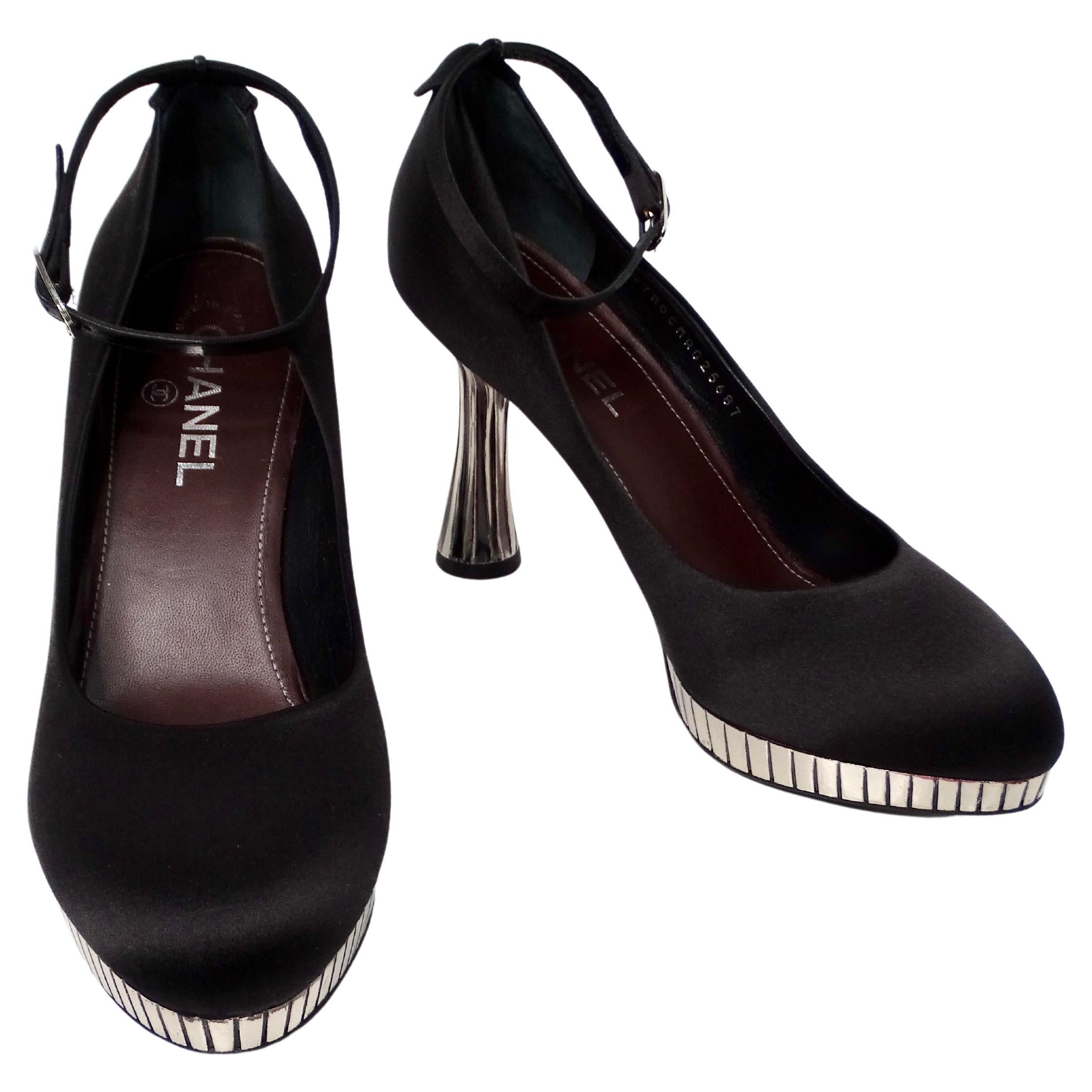 Chanel Black Satin Pumps With Silver-Tone Heels For Sale