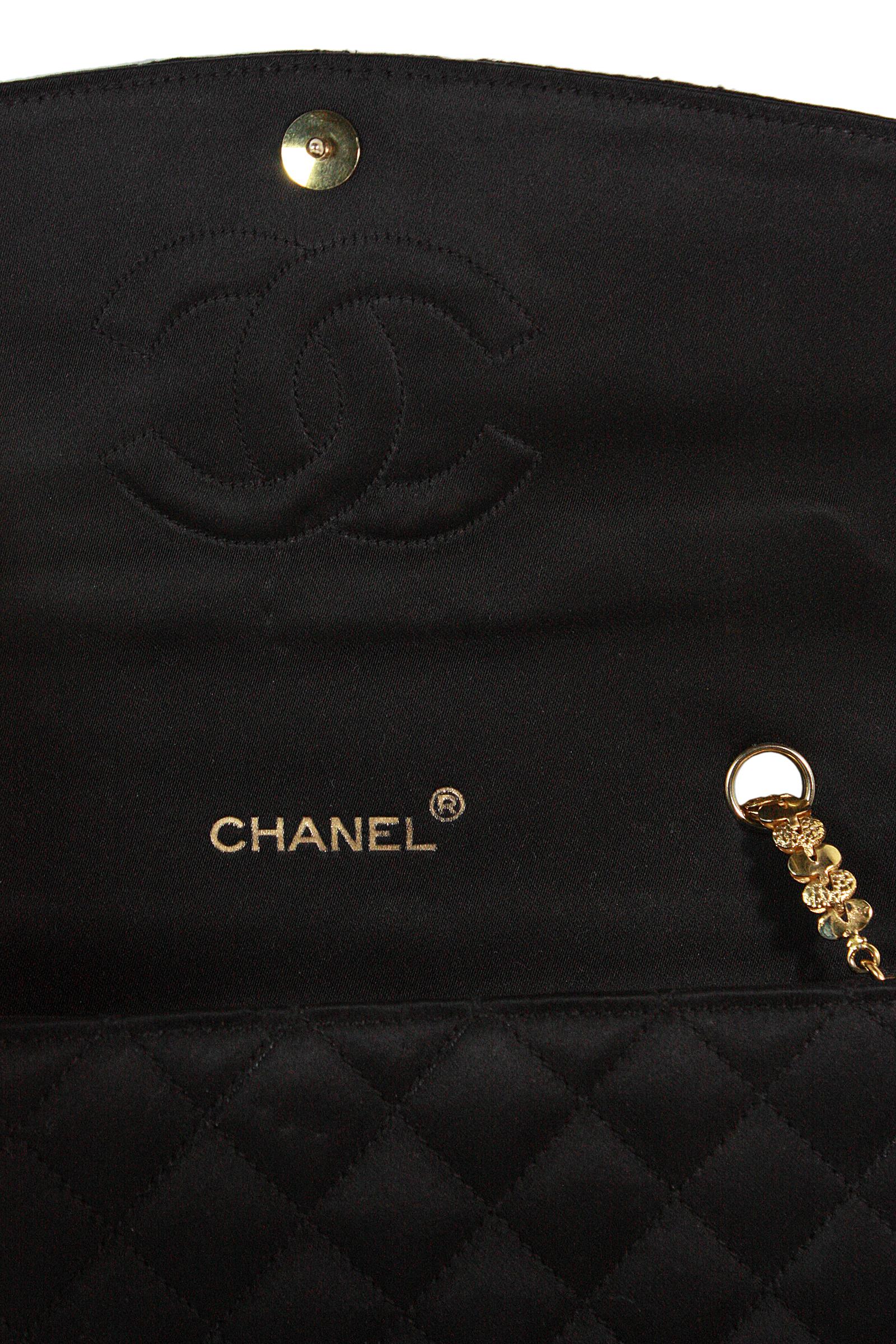 Chanel Black Satin Quilted Crossbody Bag with a Red and Green Gripoix Jewel 6