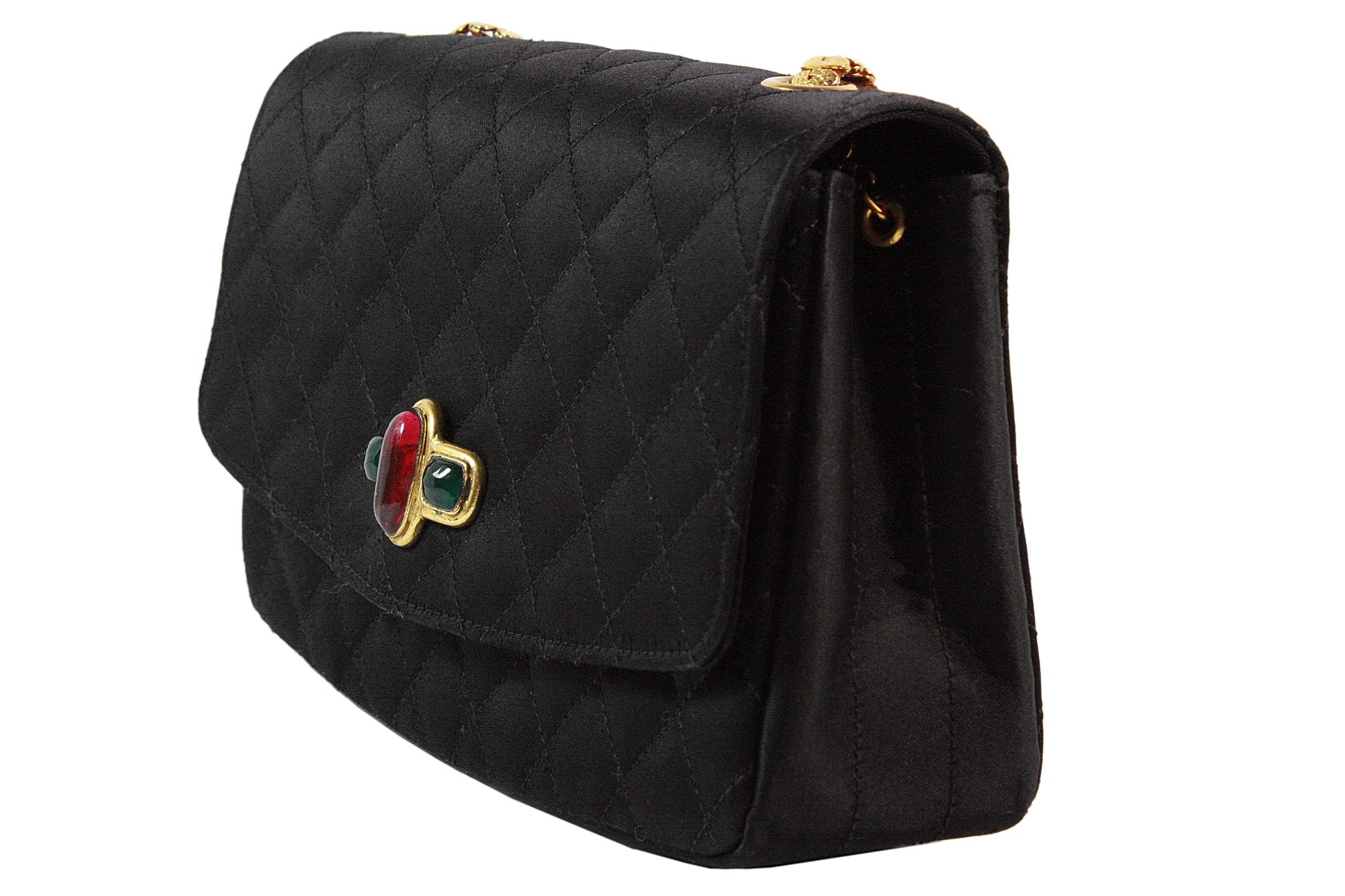 Women's Chanel Black Satin Quilted Crossbody Bag with a Red and Green Gripoix Jewel