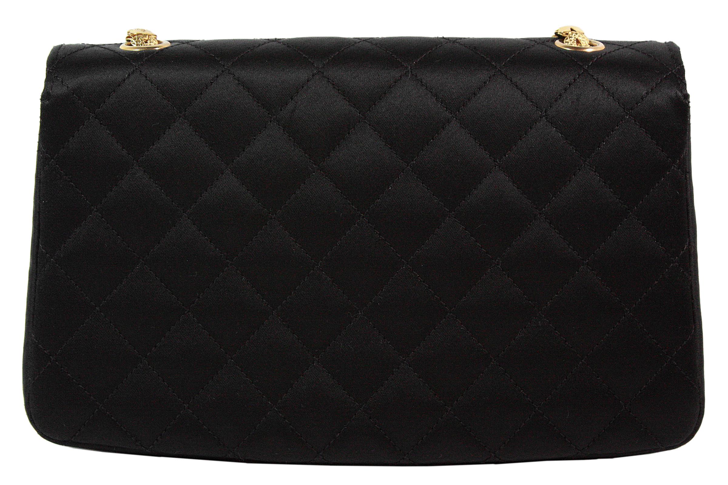 Chanel Black Satin Quilted Crossbody Bag with a Red and Green Gripoix Jewel 1
