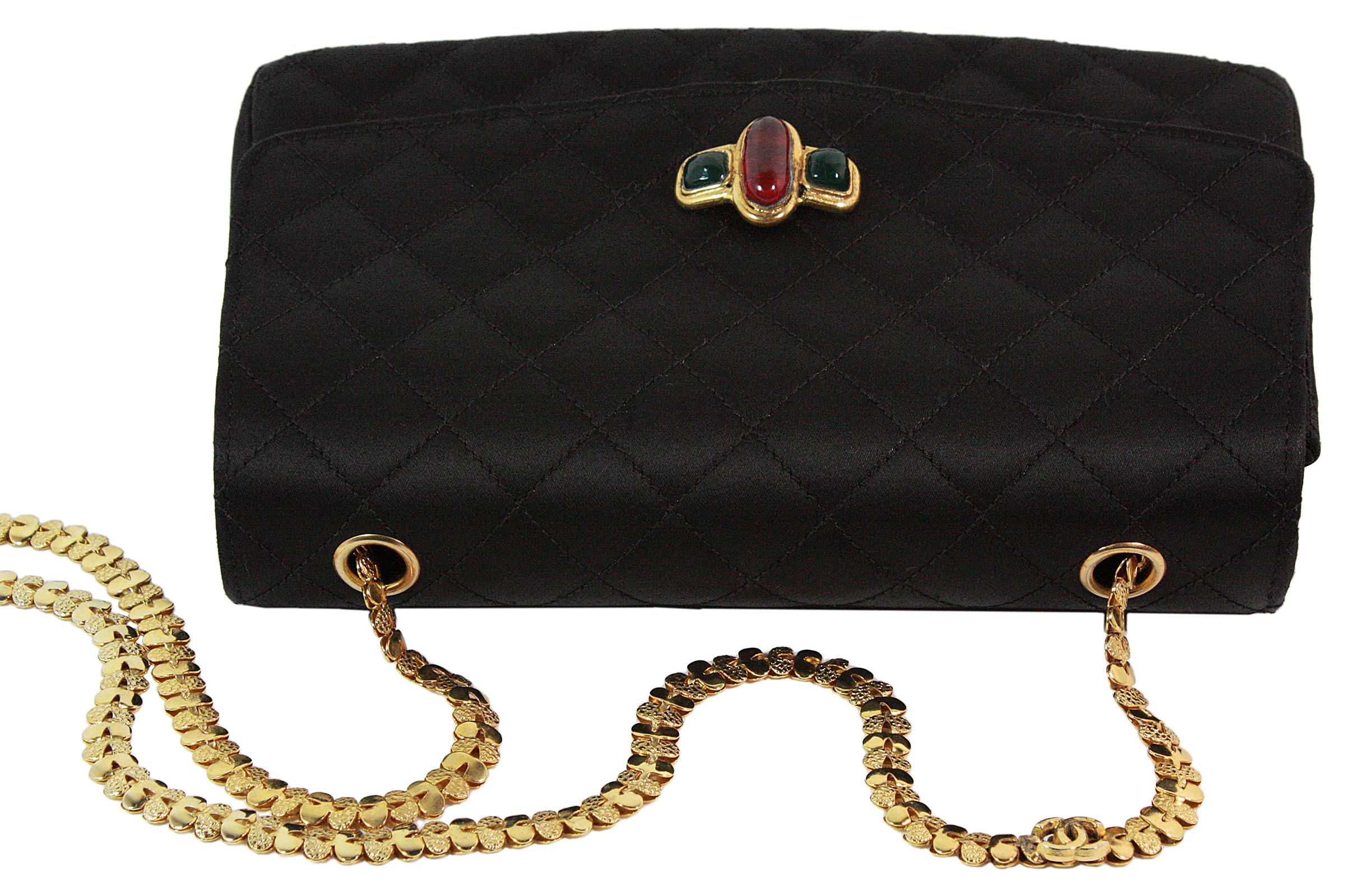 Chanel Black Satin Quilted Crossbody Bag with a Red and Green Gripoix Jewel 3