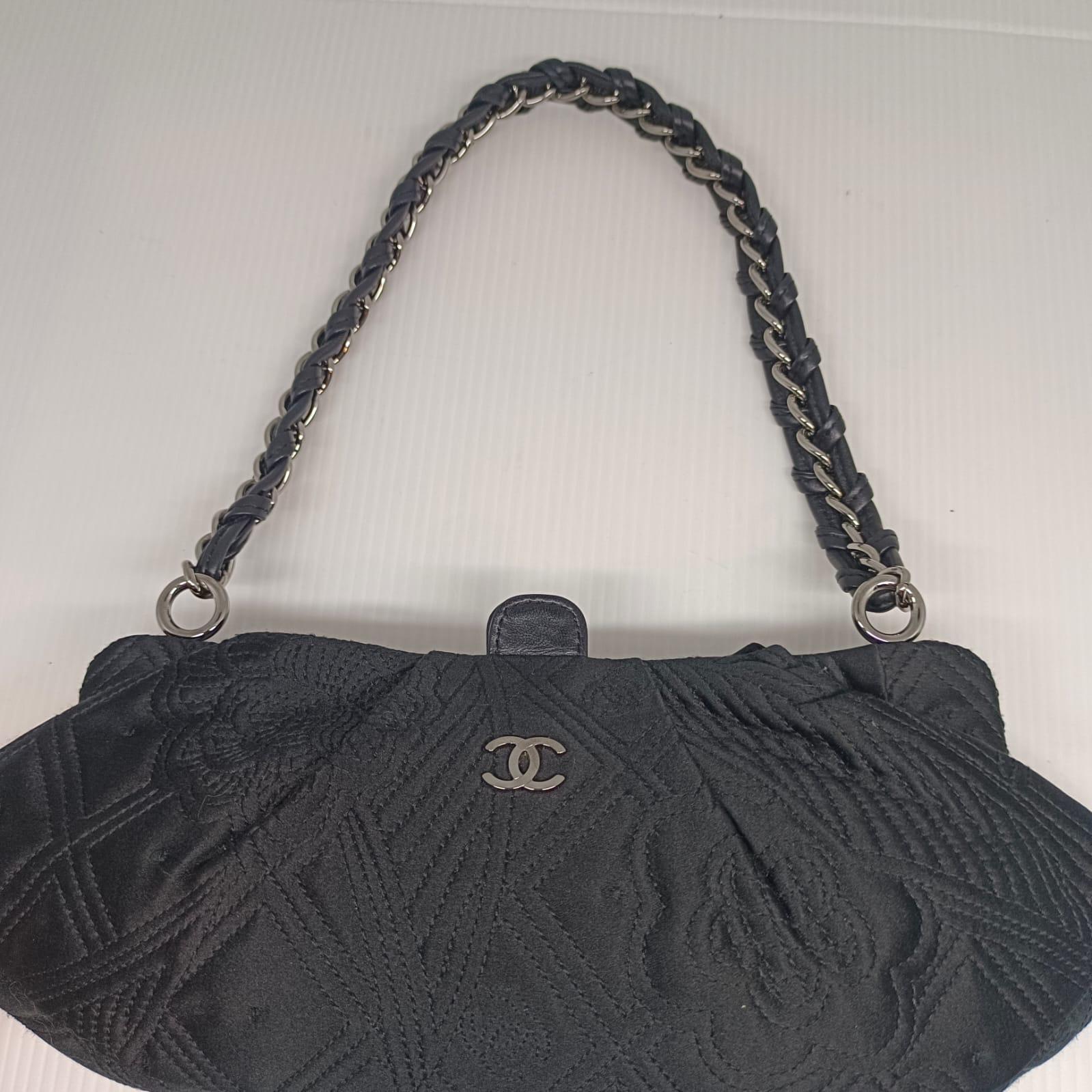 Women's Chanel Black Satin Quilted Evening Bag For Sale