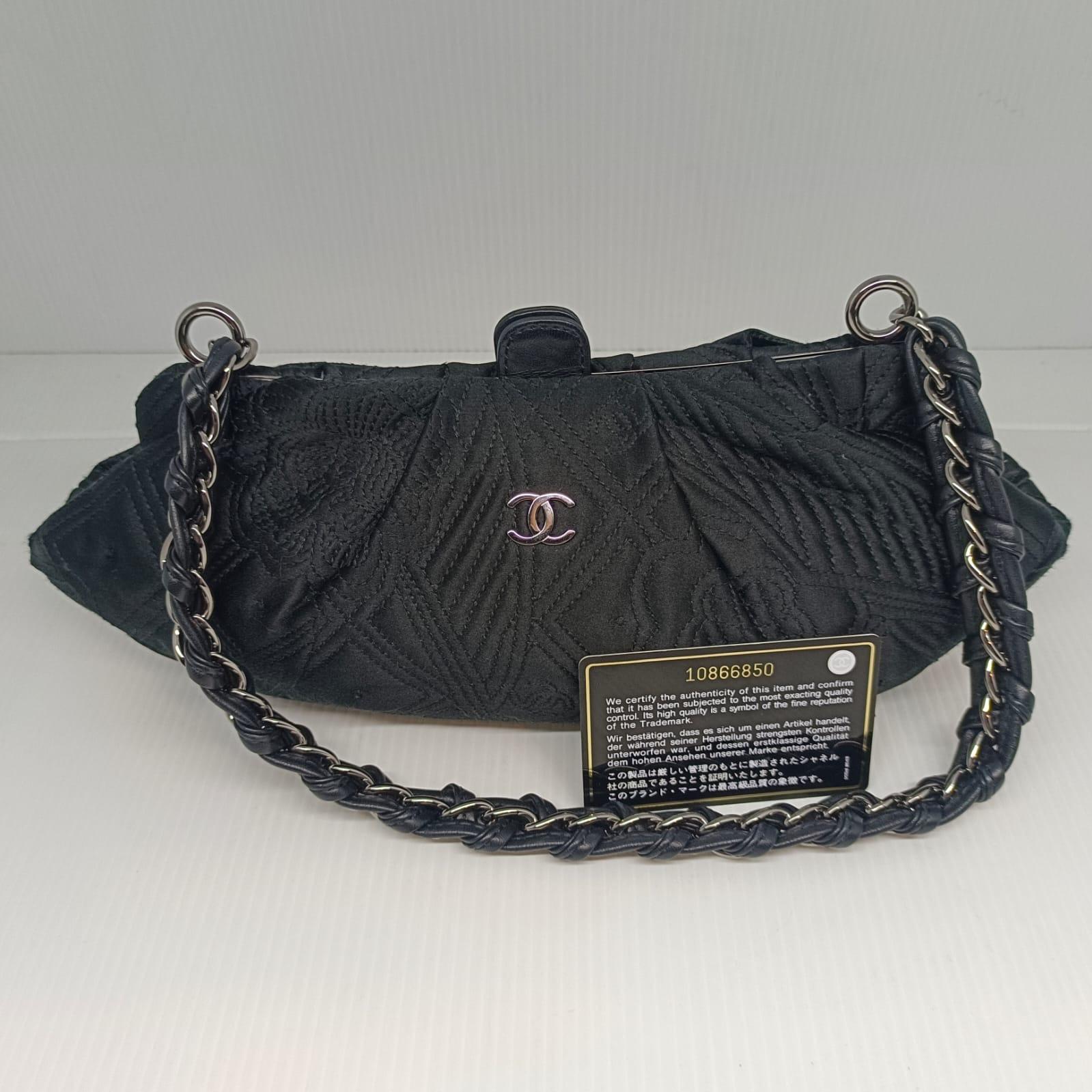 Chanel Black Satin Quilted Evening Bag For Sale 1