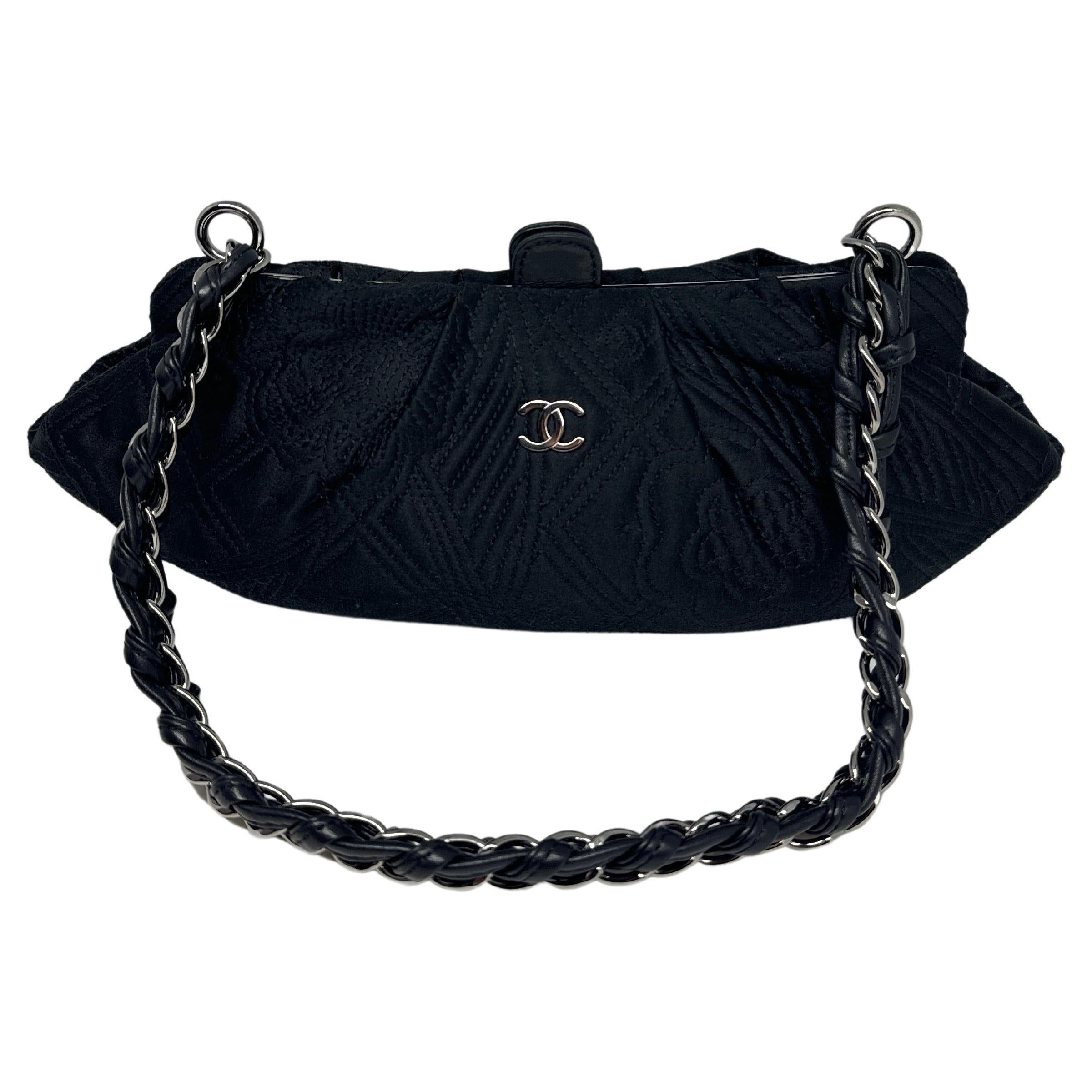 Chanel Black Satin Quilted Evening Bag For Sale