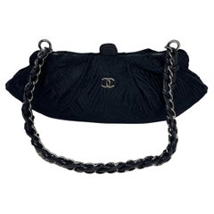 Used Chanel Black Satin Quilted Evening Bag