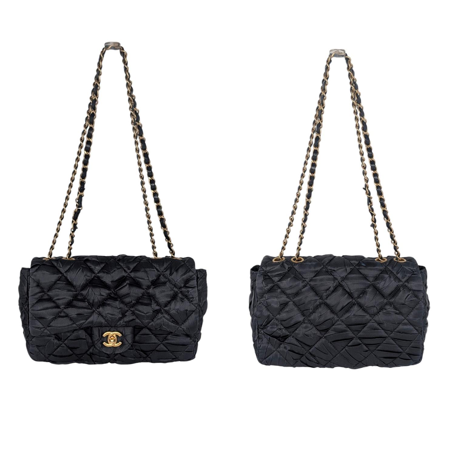Chanel Black Satin Quilted Pleated Medium Single Flap In Excellent Condition In Scottsdale, AZ