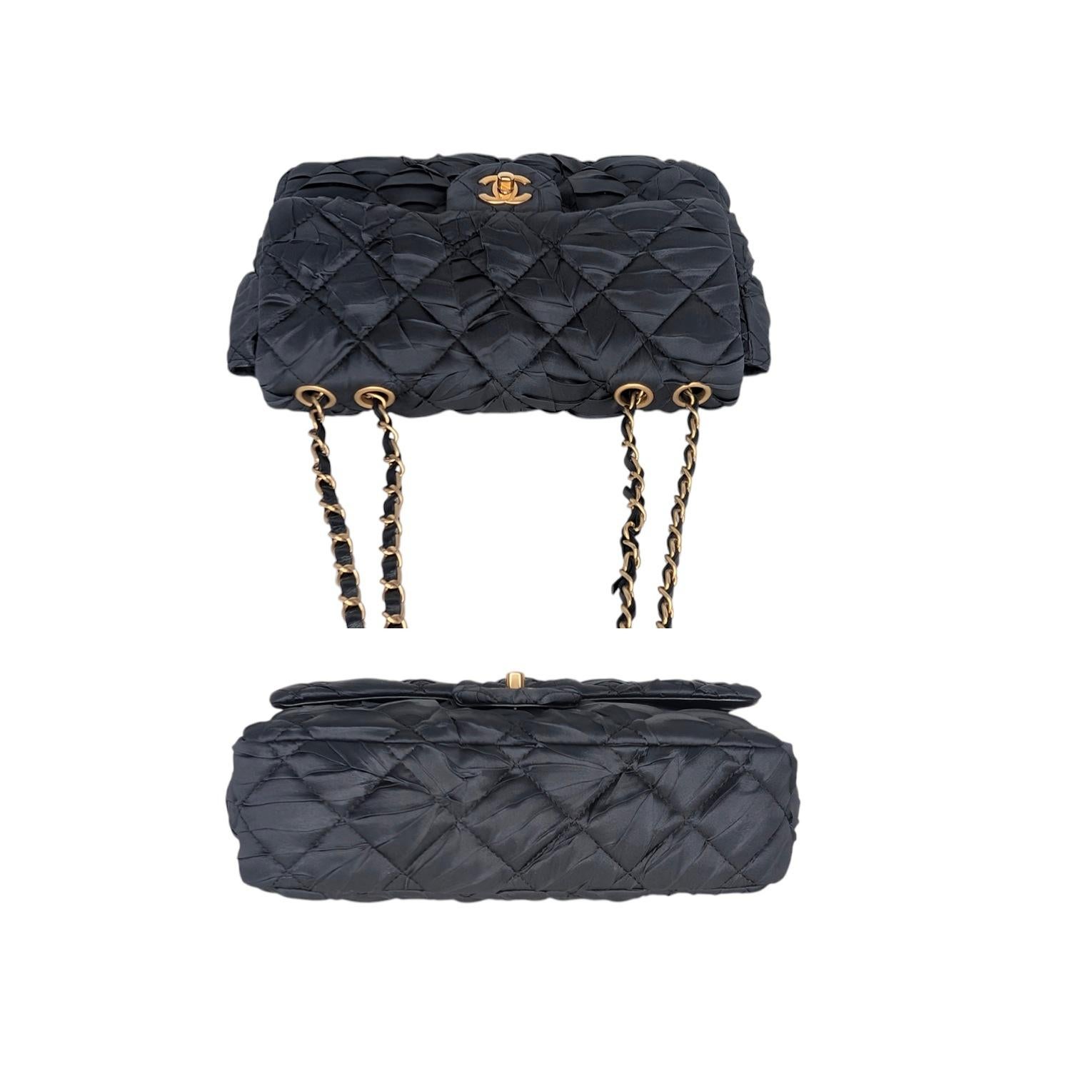 Chanel Black Satin Quilted Pleated Medium Single Flap 1