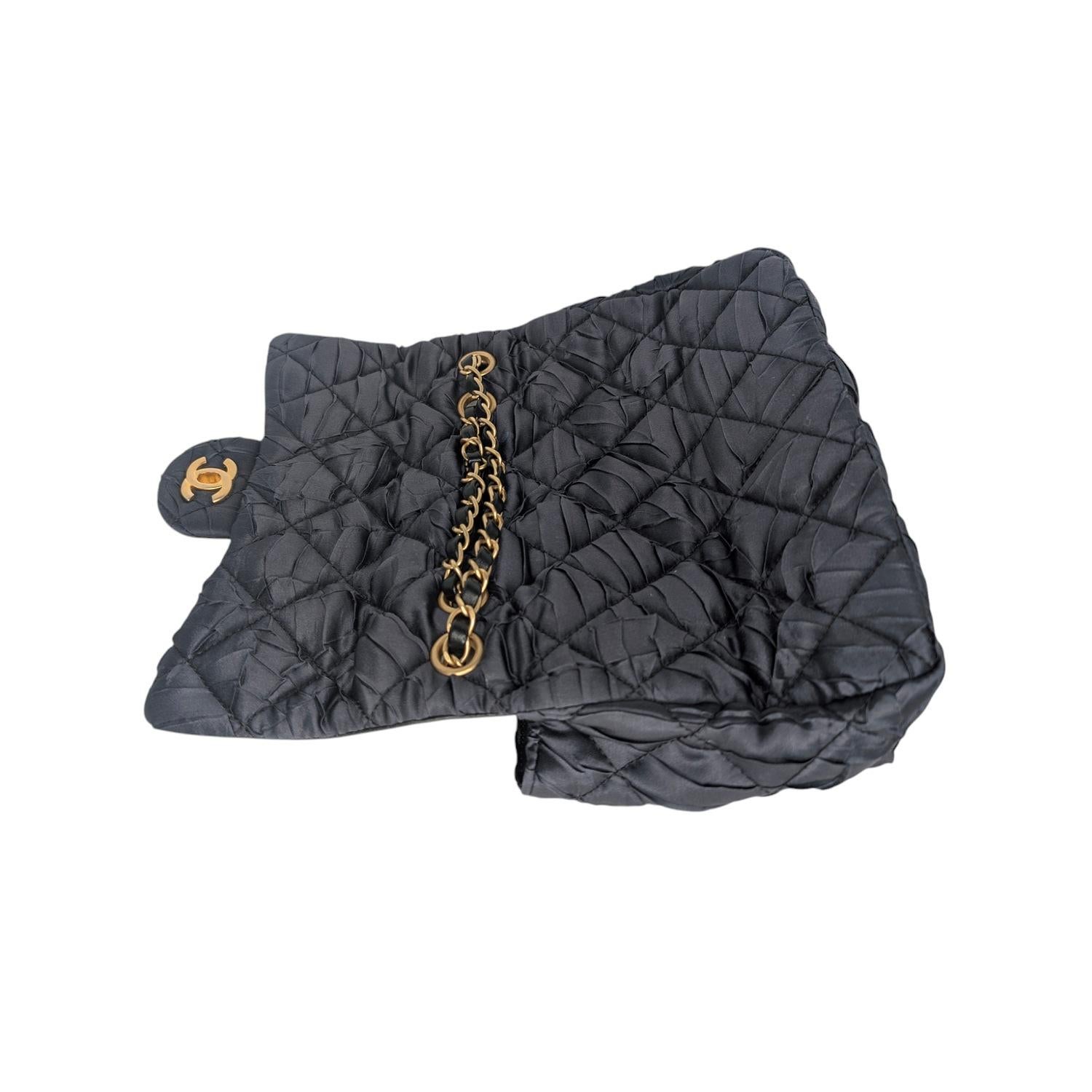 Chanel Black Satin Quilted Pleated Medium Single Flap 2