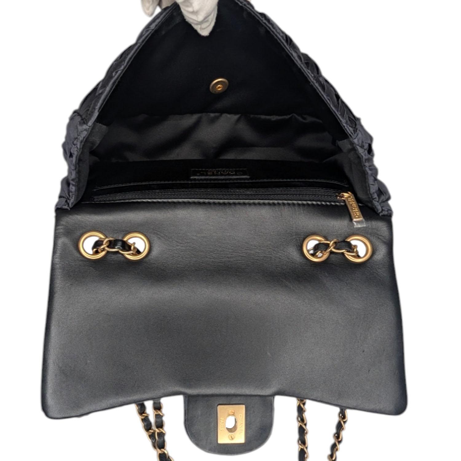 Chanel Black Satin Quilted Pleated Medium Single Flap 4